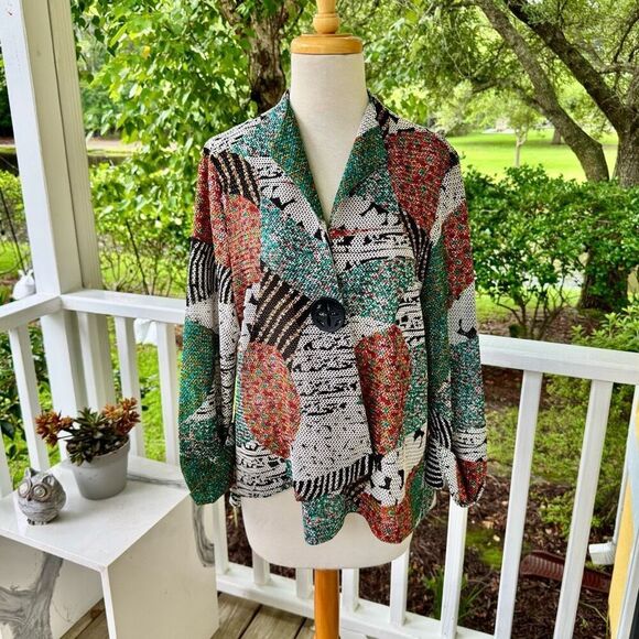 IC by Connie K Blazer Lightweight Jacket Art to Weave Knit Printed Lagenlook - Picture 10 of 10